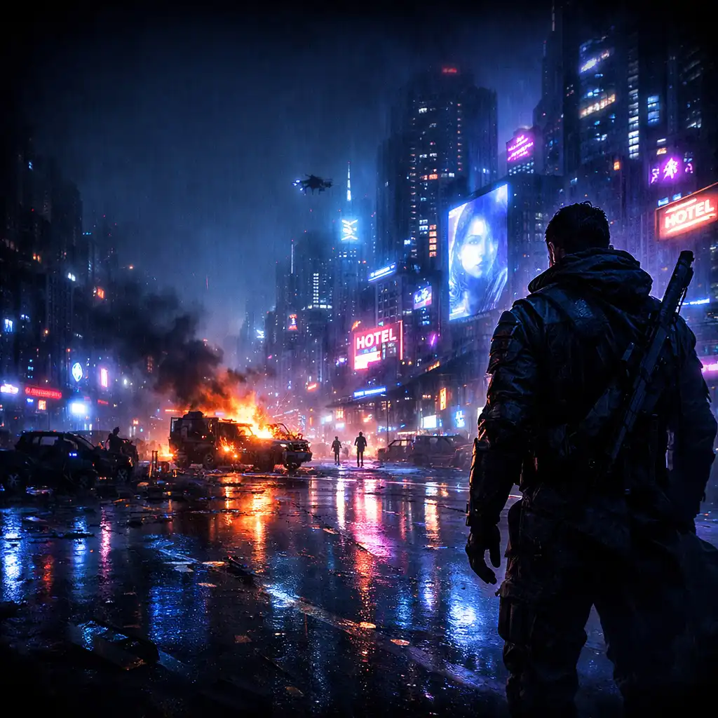 Futurystyczne miasto nocą z bohaterem patrzącym na chaos