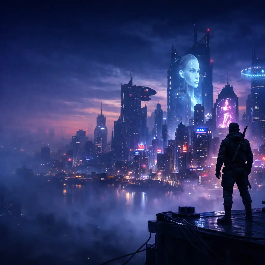 Futurystyczne miasto nocą z bohaterem patrzącym na skyline