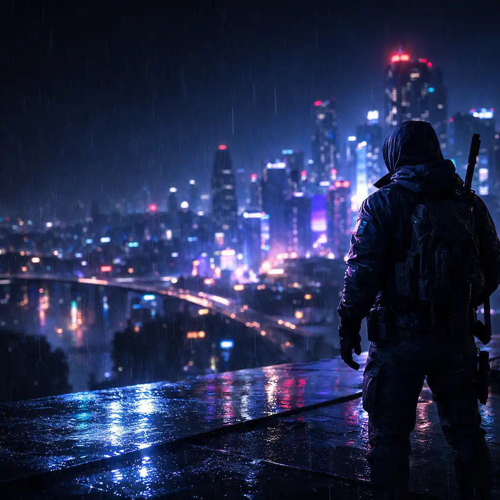 Futurystyczne miasto nocą z bohaterem patrzącym na panoramę